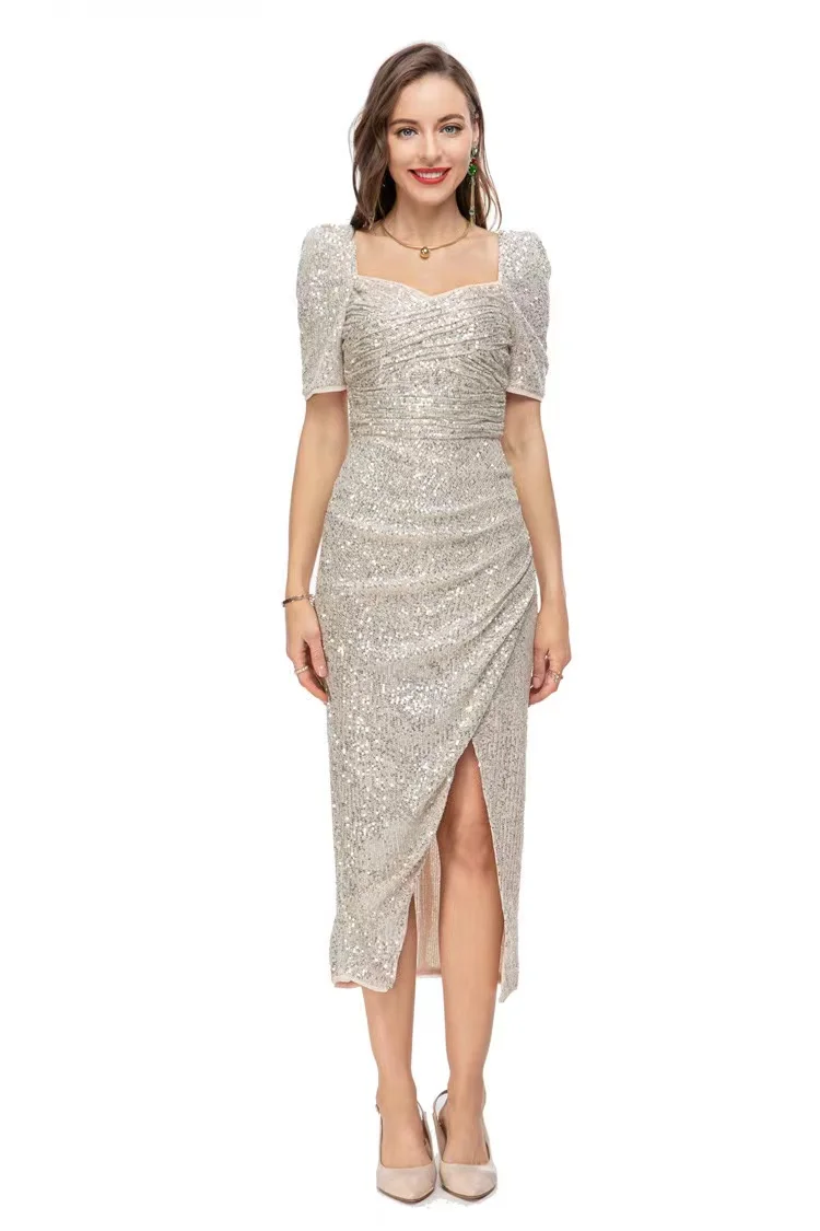 

Women's Sexy midi dress Fashion Gorgeous Sequins Dress Women's Square Collar Heavy Silver Sequined Beaded High Split Party Dres