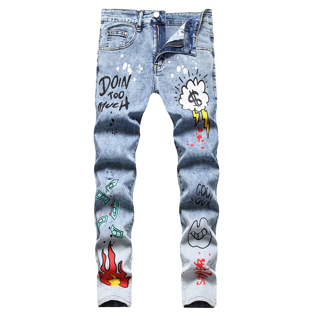 Men's Punk Graffiti Printed Jeans Pants Fashion Denim Slim Fit Trousers Hip  Hop | eBay