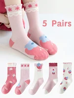 5 Pairs of Girls' Socks That Can Be Worn in Spring and Summer, Strawberry Autumn and Winter Baby Socks, Soft Mid-calf Socks 1