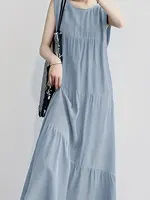 Light gray Women's Oversized Woven Dress Casual Bohemian Maxi Summer A-Line Long  Full Length Clothing Light gray - Image 6