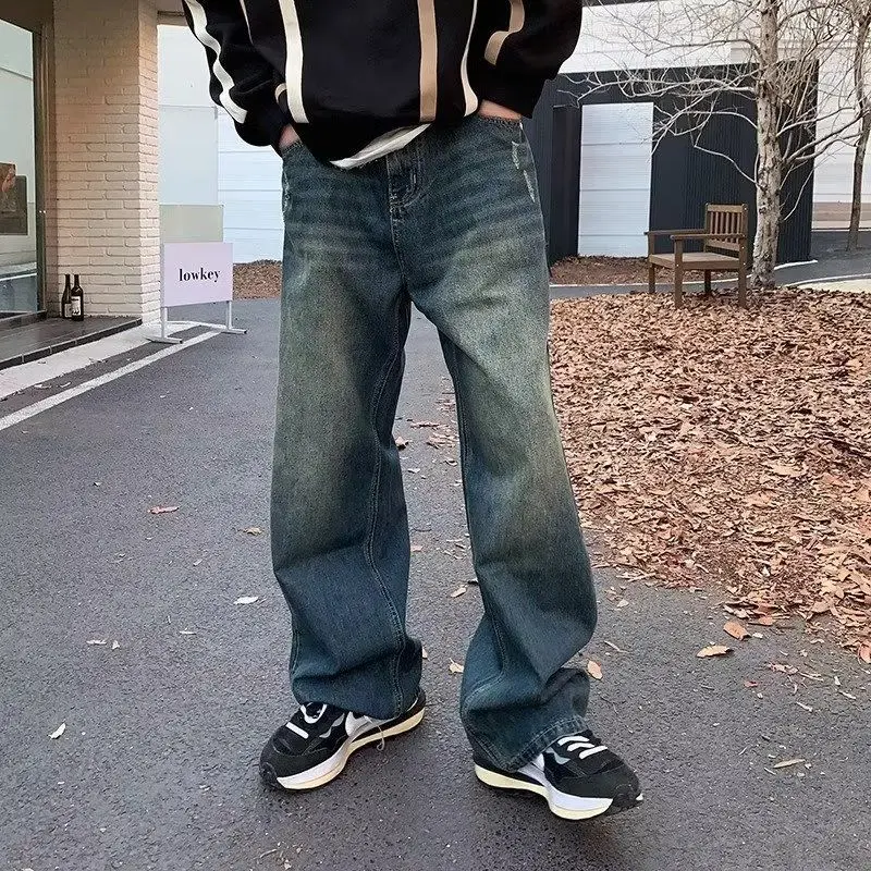 Loose straight tube retro distressed washed blue jeans fashion men's wide leg pants baggy jeans men clothing  jeans for men