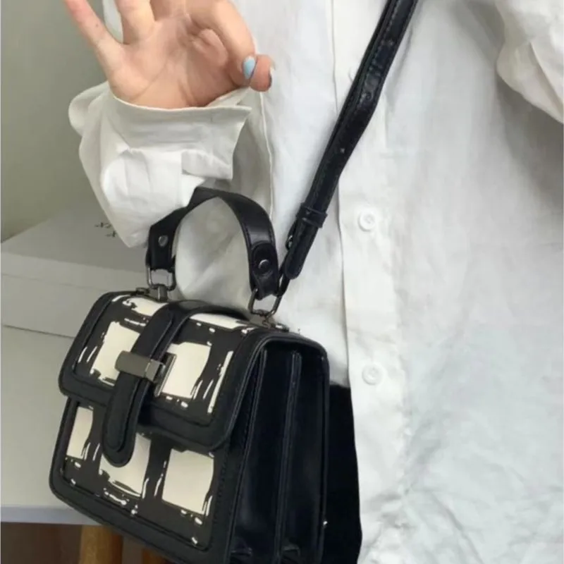 JIAERDI Black Fashion Handbag Women Personalized Graffiti Square Shoulder Bag Ladies High End Versatile Niche Crossbody Bag 2025
