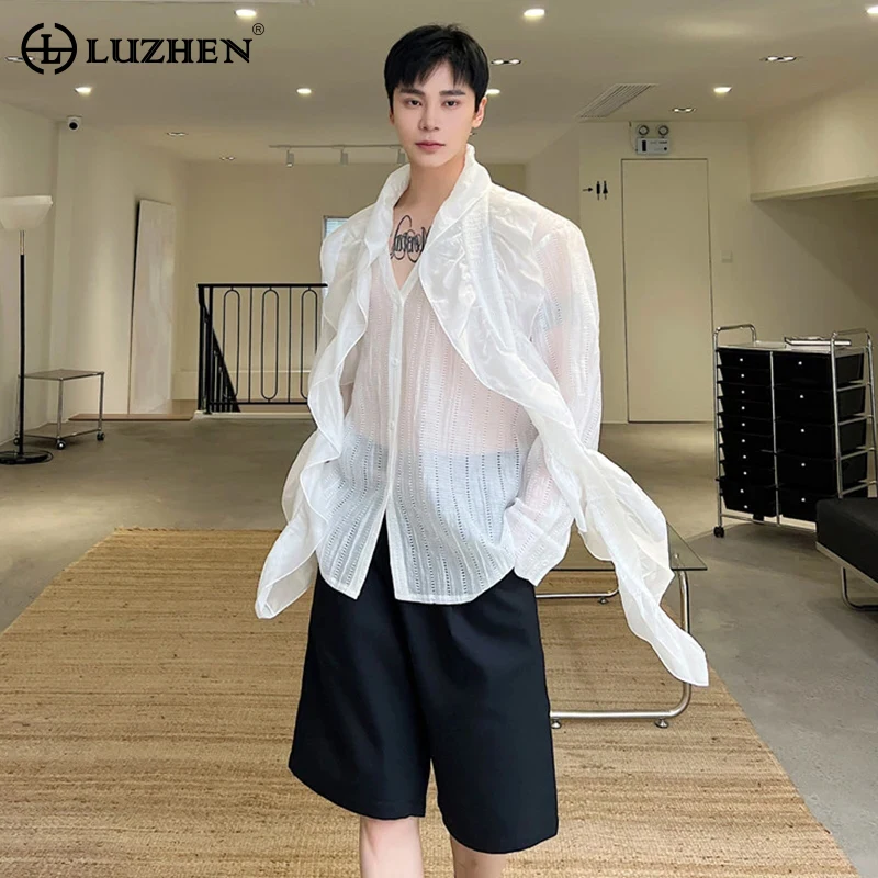 

LUZHEN Стильная летняя декоративная дизайнерская 2024 тонкая лента прозрачные мужские повседневные рубашки Модная элегантная одежда с длинным рукавом 577af5
