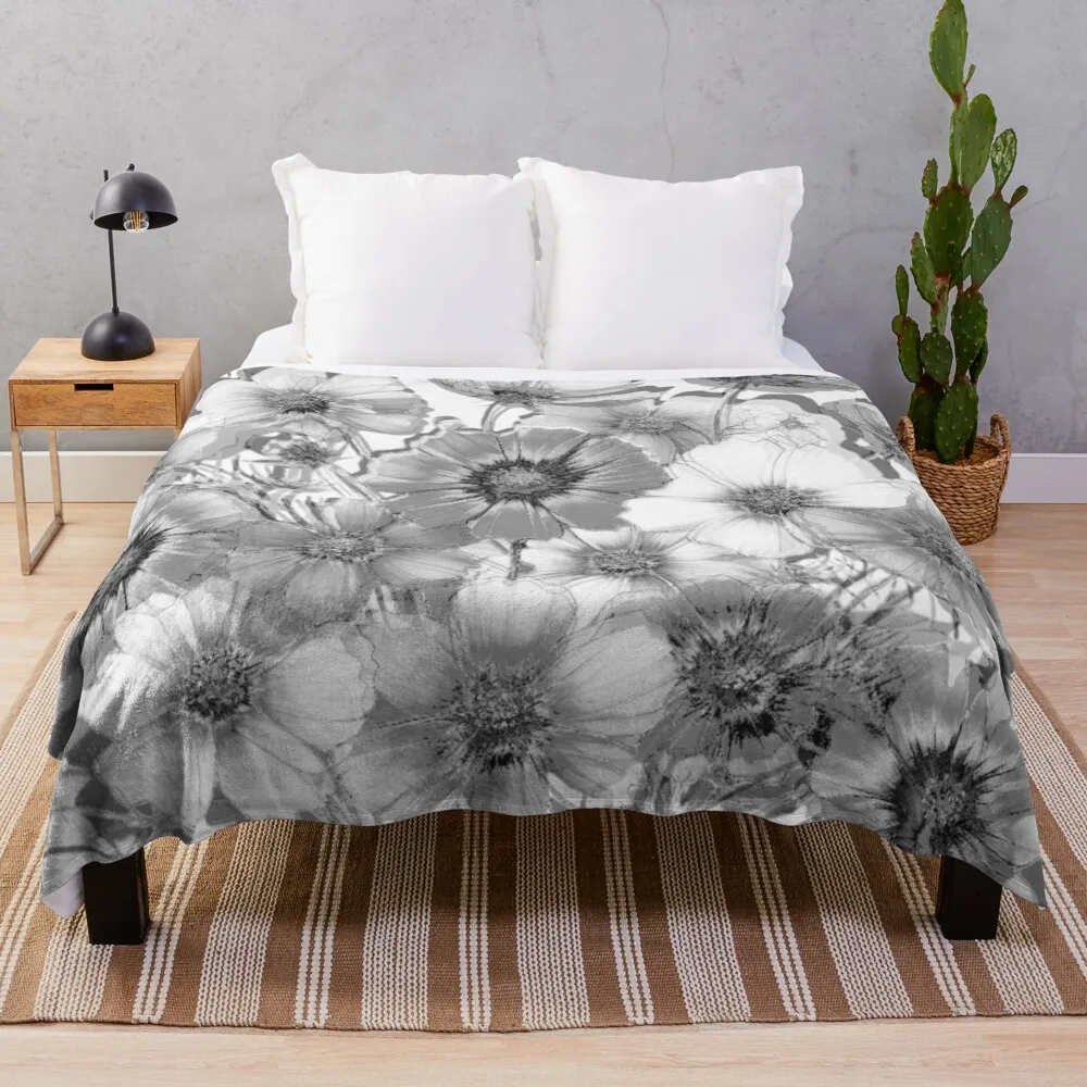 

Black and White Aberration Watercolor Wildflower Cosmo Flowers Throw Blanket christmas gifts furry Bed blanket Luxury St Blanket