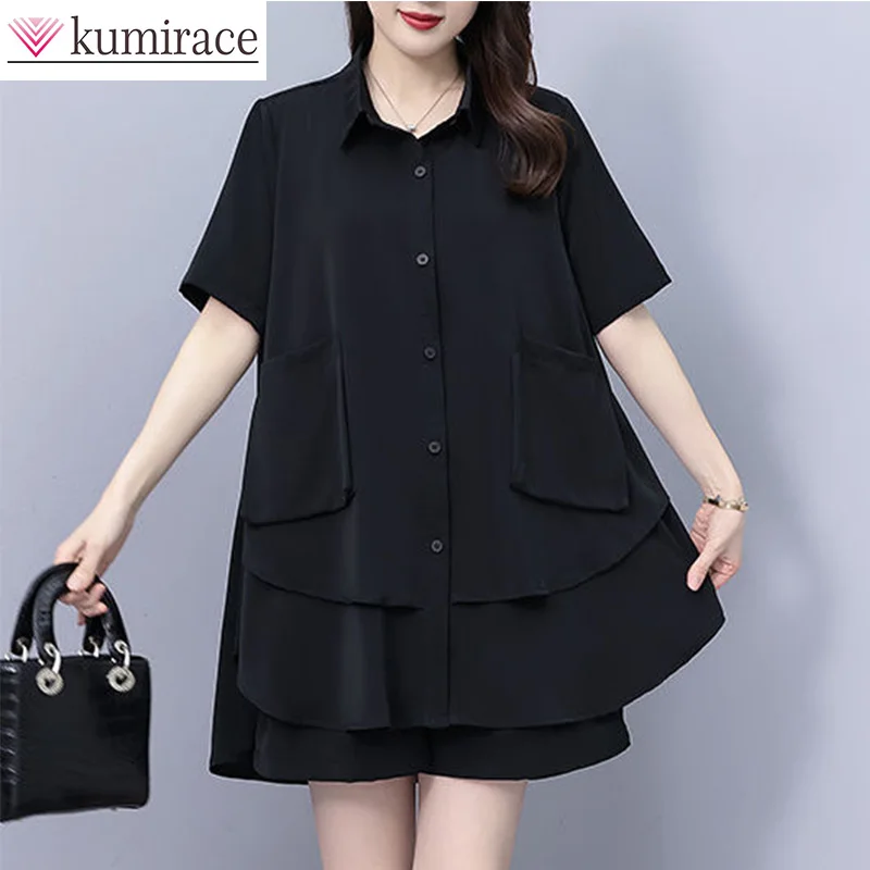 Large Size Loose Casual Shirt Fashion Shorts Two-piece Set Elegant Women's Black Slimming Suit Women's Summer Short Sets