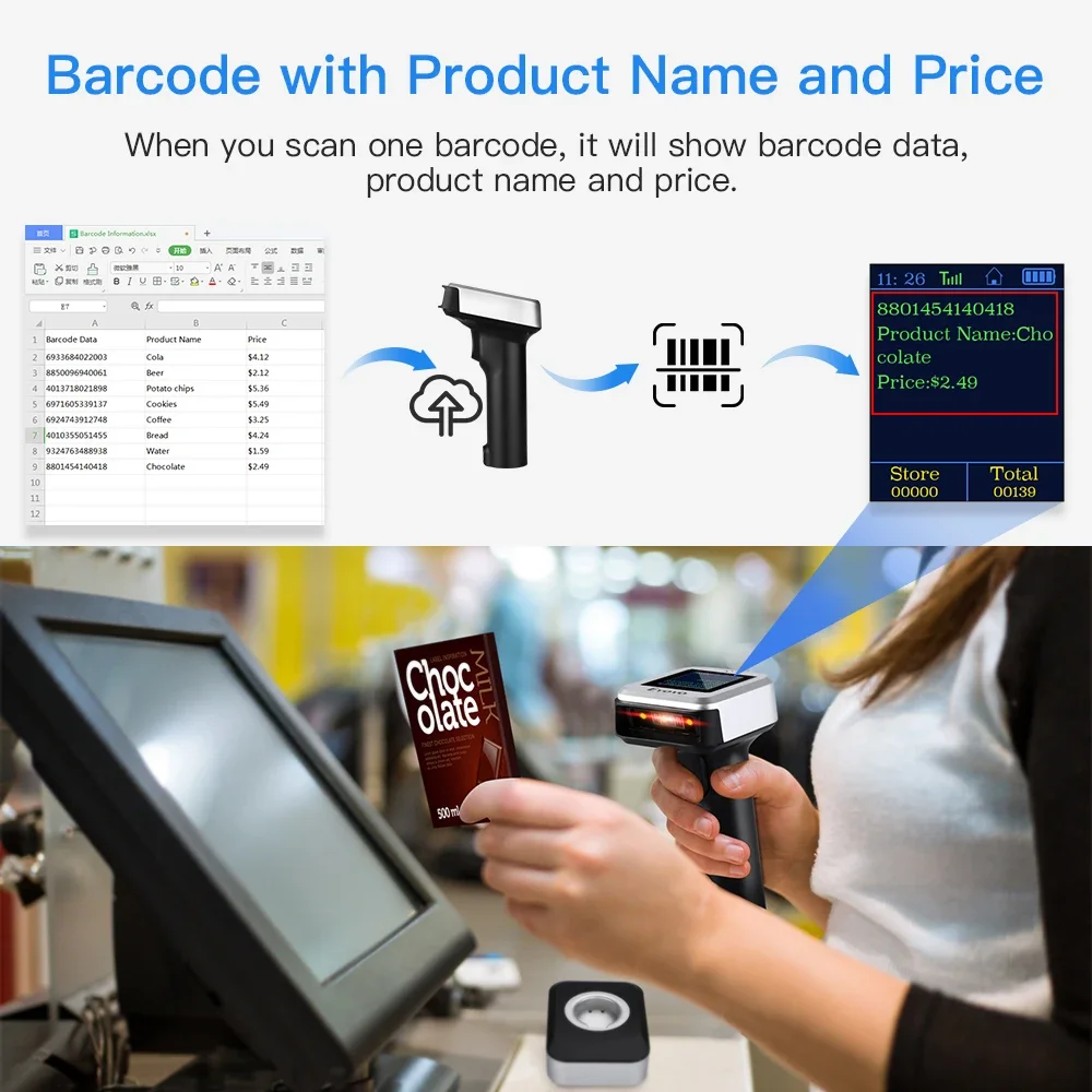Eyoyo EY-1900 1D CCD Bluetooth Barcode Scanner LCD Screen Show Product Name And Price Support Time Prefix Suffix Scanning barcode scanner