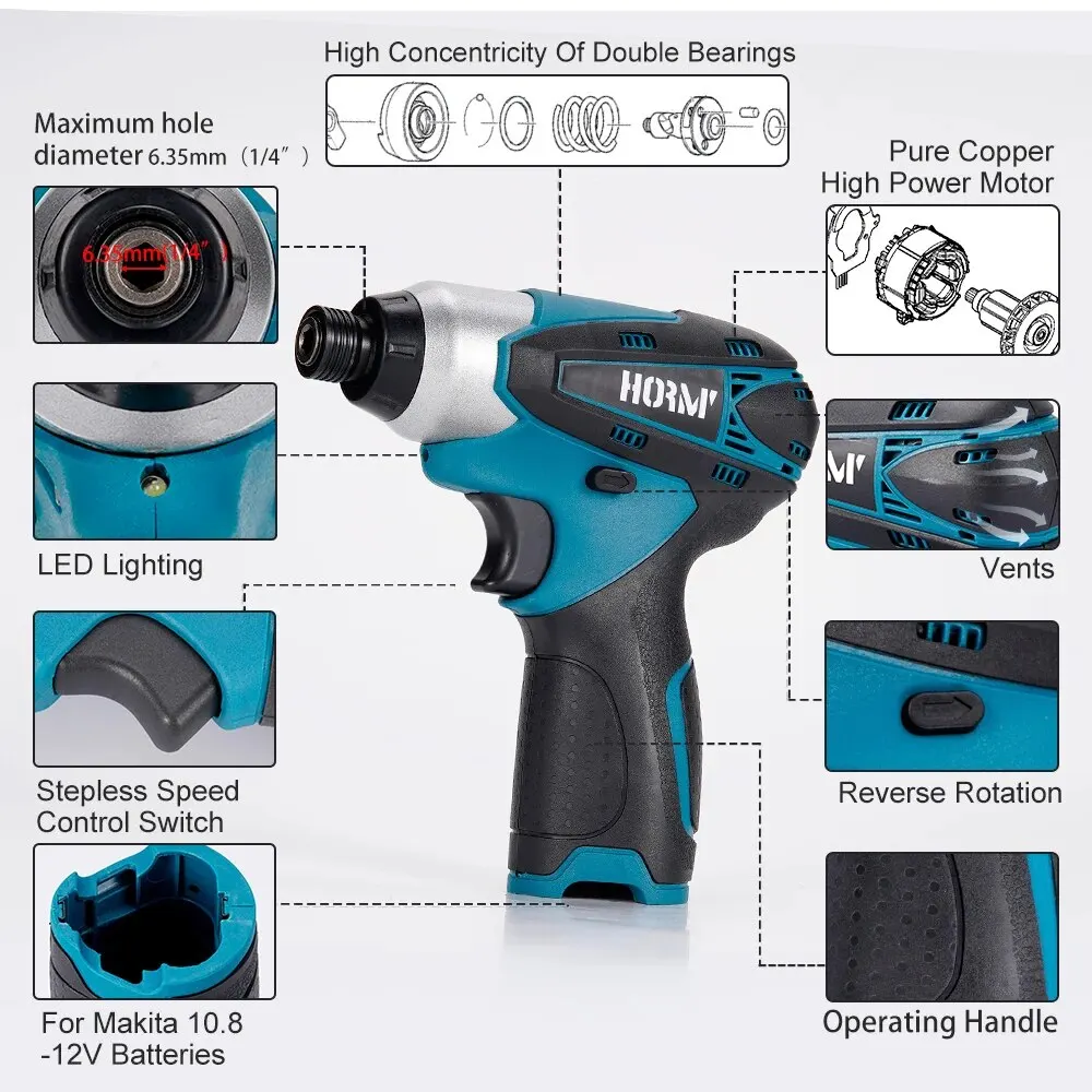 Hormy Compact 12V Electric Screwdriver 2500RPM 100N.m Cordless Impact Screw Driver Motor Compatible For Makita 10.8V Battery 5