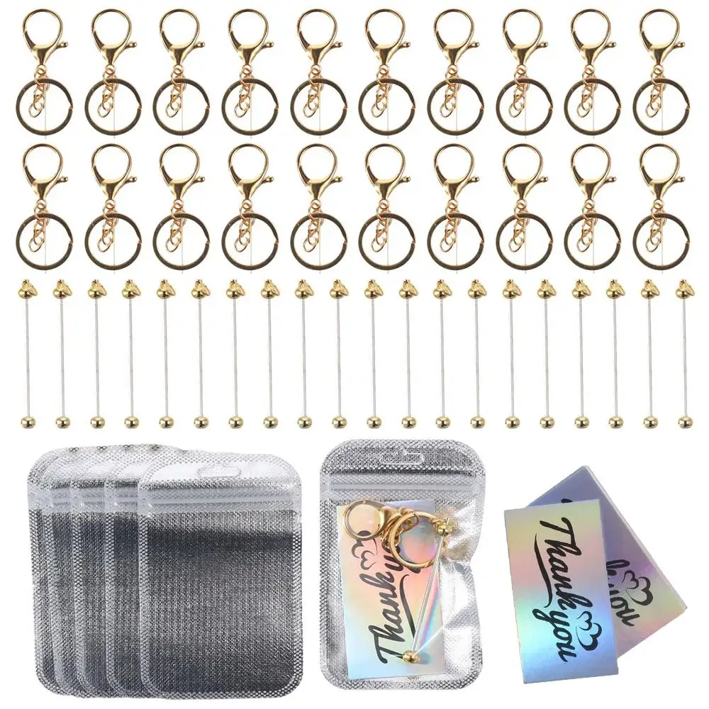 

Металлические брелки для ключей с бисером, Набор для изготовления брелоков из розового золота с серебристыми бусинами, брелок для рукоделия