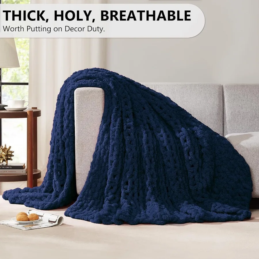 Chunky Knit Throw: 72''x84'' Chenille Blanket for Bed and Couch Handmade Thick Big Cable Knit with Cozy Texture Large Crochet T