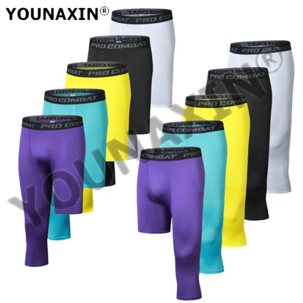 Men Compression Base Layer Running Tight Sport Cropped One Leg Leggings Gym Basketball Football Soccer Fitness Exercise 3/4 Pant