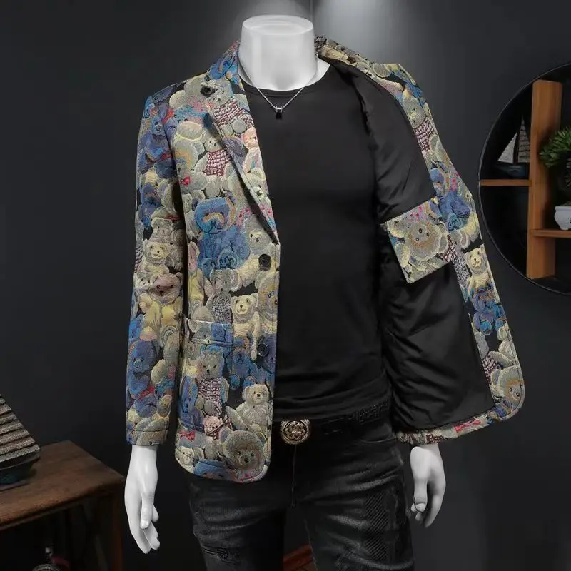 Boutique Design Men's Fashion Bear Blazer For Men Trendy Business Casual British Style Loose-fit Lapel Jacket