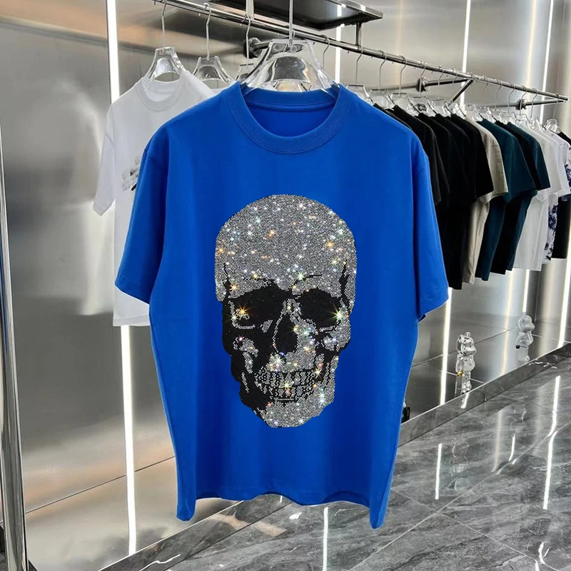 Hip Hop Rhinestone T Shirt Men Skull Print Streetwear