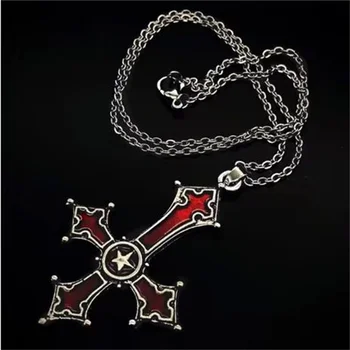 2024 New Blood Red Gothic Inverted Cross Pendant Necklace Jewelry European and American Punk Style Cross Jewelry Wholesale 1