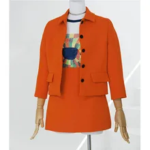 22 Spring Orange Silk Wool Skirt Set Women Long Sleev Single Breasted Lapel Collar Short Blazer Elegant High Waist A-line Skirt