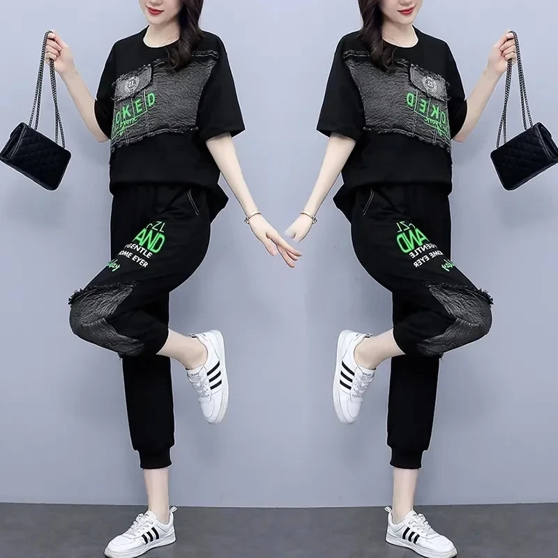 

2024 Summer Letter Fashion Suit Women Large Size New Two-Piece Cotton Fat Set Female Splicing 2PCS High Quality Trend Outfit