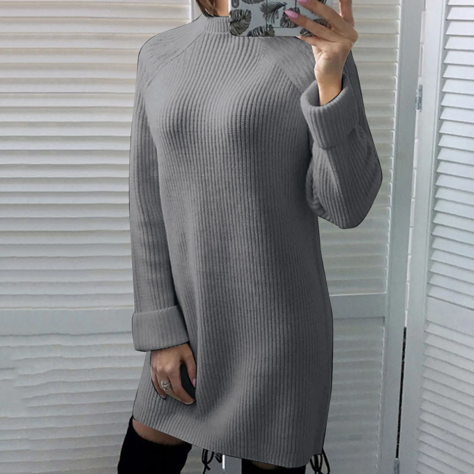 

Womens Spring And Autumn Pullover Sweater Dresses Half Turtleneck Long Sleeve Knit Sweater Dress Solid Colour Casual Knit Dress