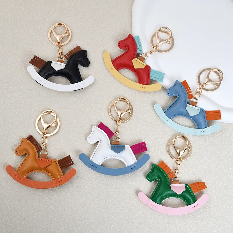 Elegant Leather Rocking Horse Keychain - Classic Cartoon Pony Charm