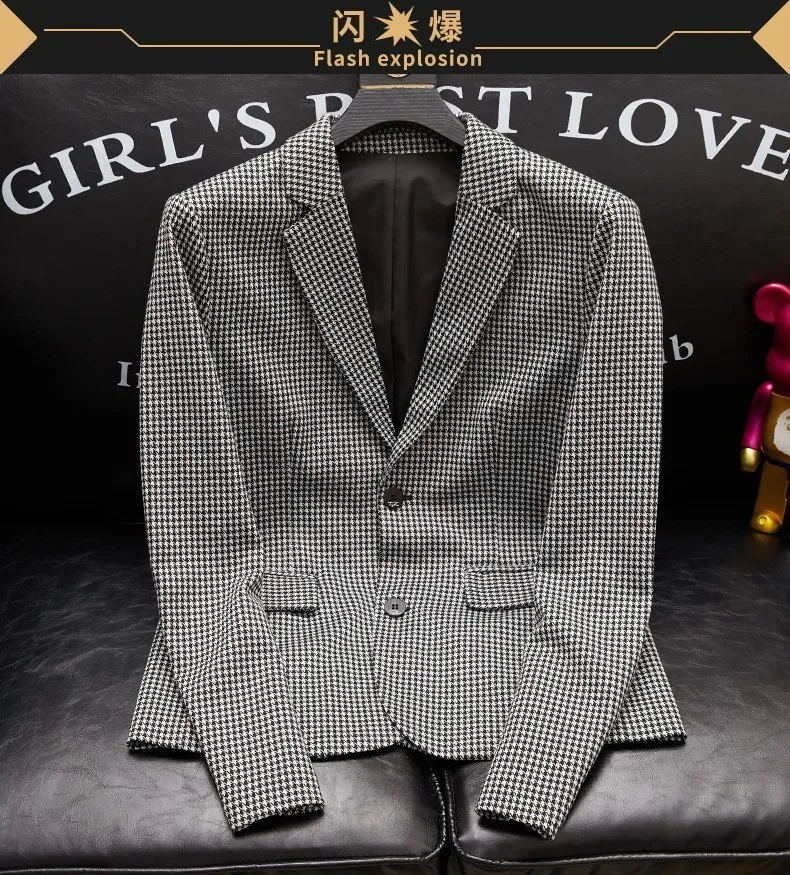 Plus-Size Herren Frühjahr neuer koreanischer Stil Slim-Fit trendige hübsche einreihige Hahnentritt-Anzugjacke – Detail 10
