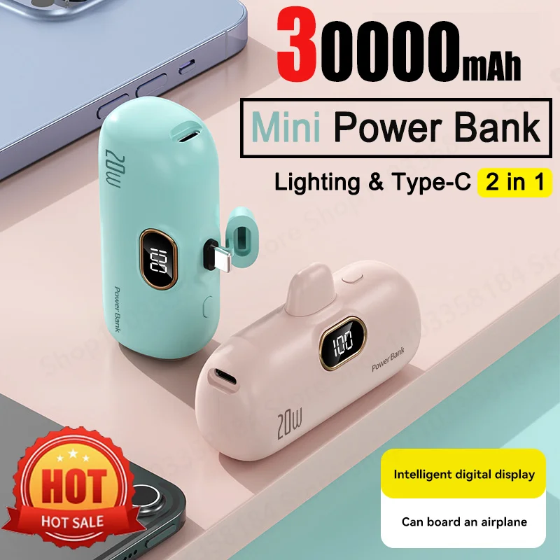 30000mAh Mini Wireless Power Bank Capsule Capsule Fast Charging Mobile Power Supply Emergency External Battery For Type-c iPhone