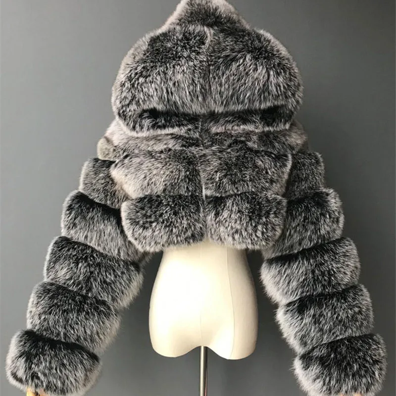 2023 Fashion Ultrashort Faux Fox Fur Coat Women Winter Hooded Fur Jacket Female Thicken Outerwear Artificial Fur Overcoat