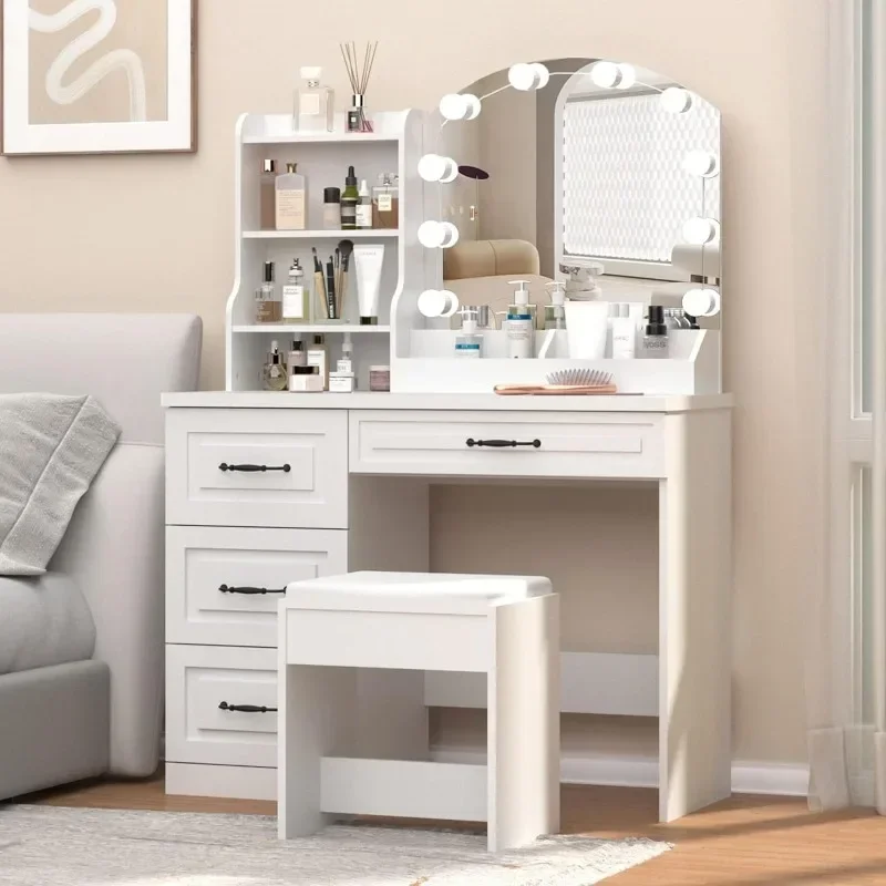 Vabches Makeup Vanity Desk with Lights and 4 Drawers, White Vanity Set  Makeup Table Lots Storage, 3 Lighting Colors， Dressers - AliExpress