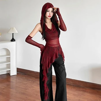 Ruffle Long Sleeve Sexy T-Shirts Fashion Women Y2K Irregular Asymmetrical Korean Crop Tops Casual Sheer Mesh Autumn Chic Tees 1