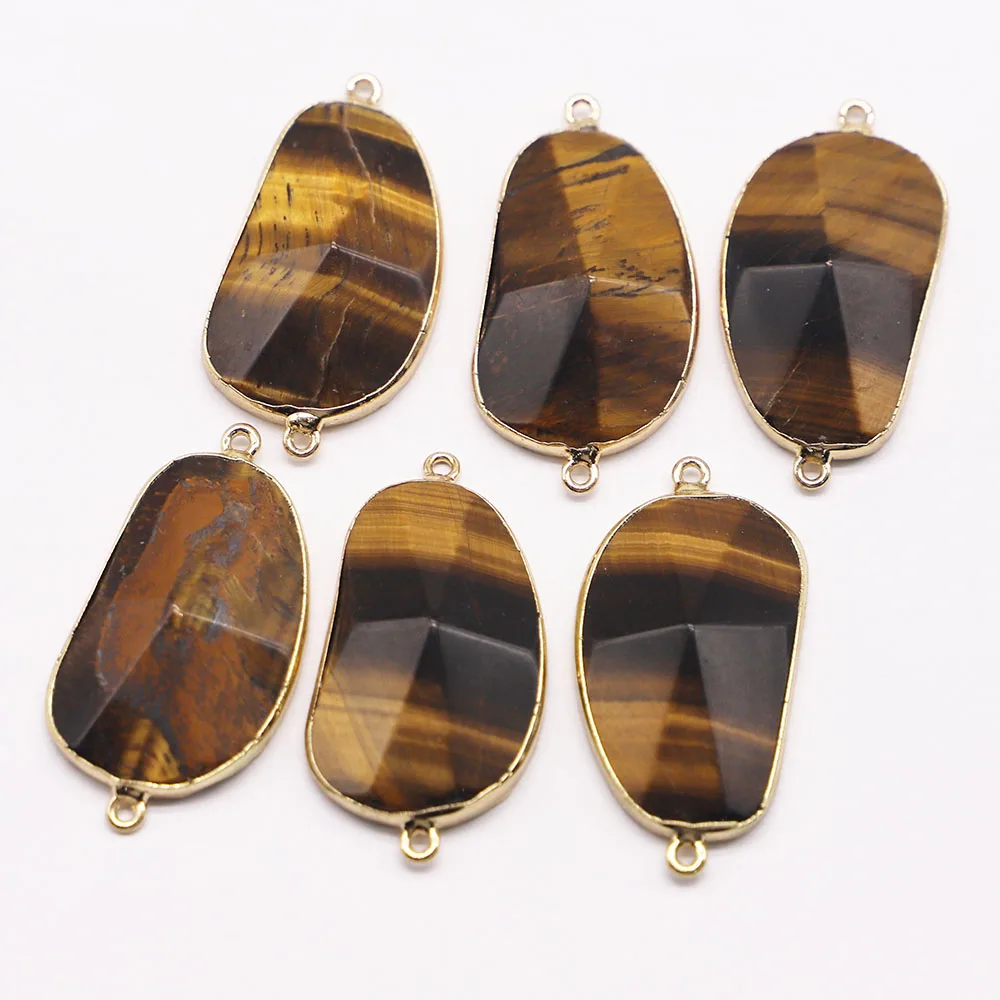 30*24MM Natural Tiger Eye Stone Charms Connector Pendant Double Hole 6pcs for DIY Women Men Jewelry Bracelet Making Wholesale