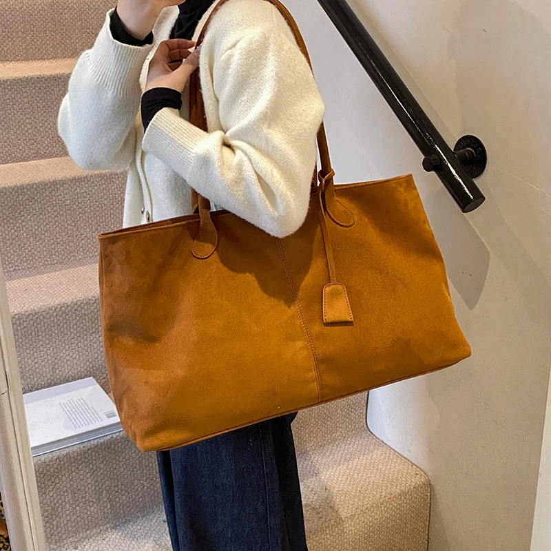 Women Suede Tote Bag Solid Color Shoulder Bag Large Capacity Underarm Bag Trendy Satchel Bag for Work Travel Shopping