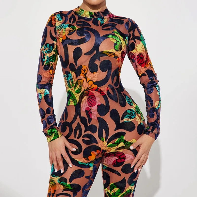 Autumn Jumpsuits Women New Long Sleeves Print Mesh Bodycon O-neck Sexy Jumpsuits Fashion Streetwear Casual Sports Club Rompers
