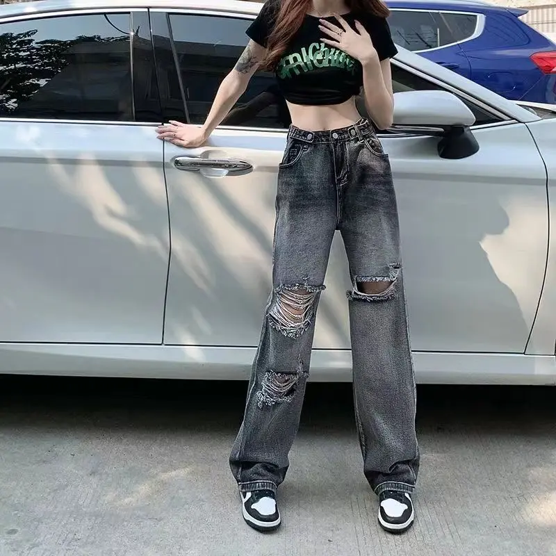 Korean Fashion Short Sleeved T-shirt Summer Sweet Cool Women's Set+High Waist Personalized Perforated Jeans Two Piece Set