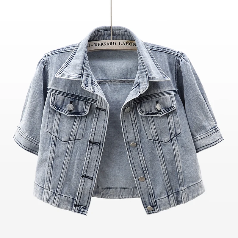 

Vintage Blue Slim Short Thin Denim Jackets Women Autumn Casual Cowboy Outerwear Big Pocket Half Sleeve Jeans Jacket Coat Female