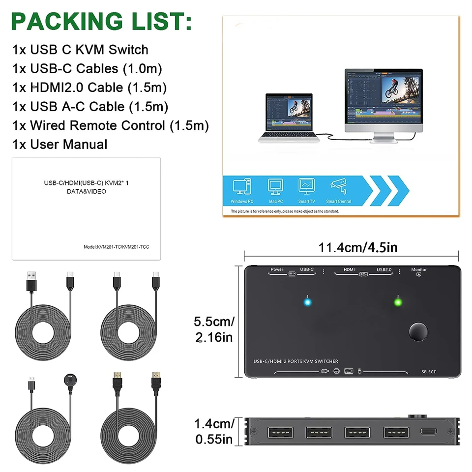 Thunderbolt 3 USB C HDMI KVM Switch 4K 60Hz Type C USB KVM Switcher 87W PD Charg