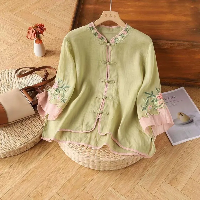 

Блузка в китайском стиле с вышивкой, летняя винтажная женская рубашка, свободные хлопковые льняные женские топы, одежда с коротким рукавом YCMYUNYAN