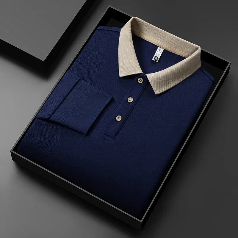 Polo da uomo in tinta unita a maniche lunghe casual da lavoro nuova Top versatile quattro stagioni caldo e confortevole alla moda