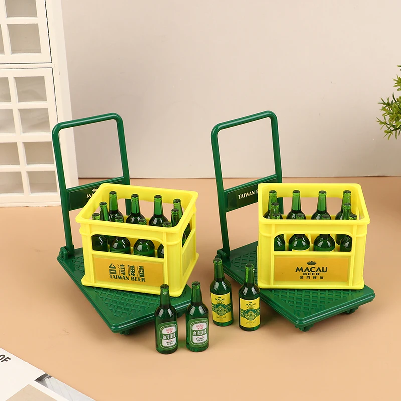 Miniature Beer Drinks Set with Basket & Trolley Cart - Dollhouse Furniture Ornaments and DIY Toys