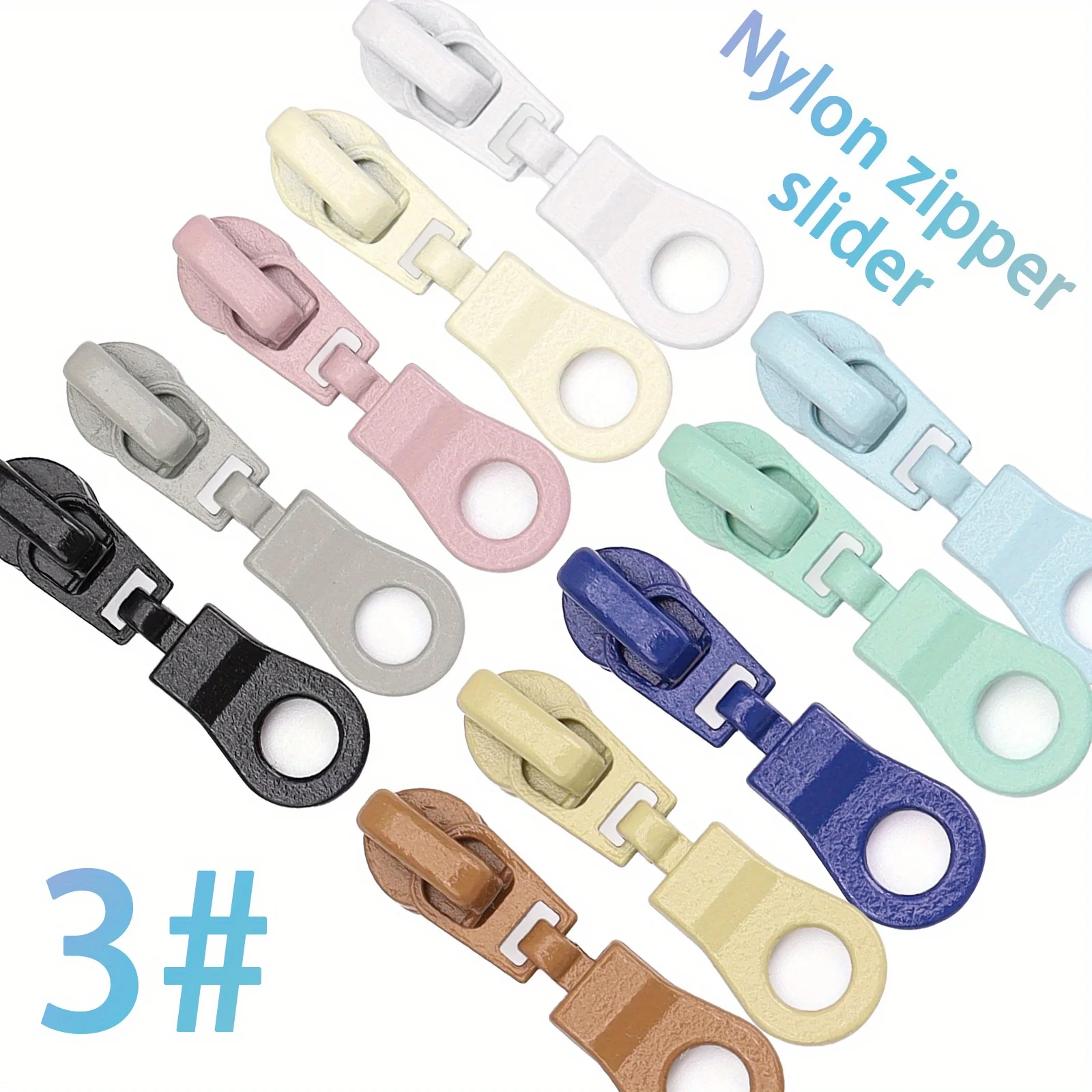 10Pcs, 3 #nylon zipper head, 10 colors, suitable for replacing the zipper head of No. 3 nylon