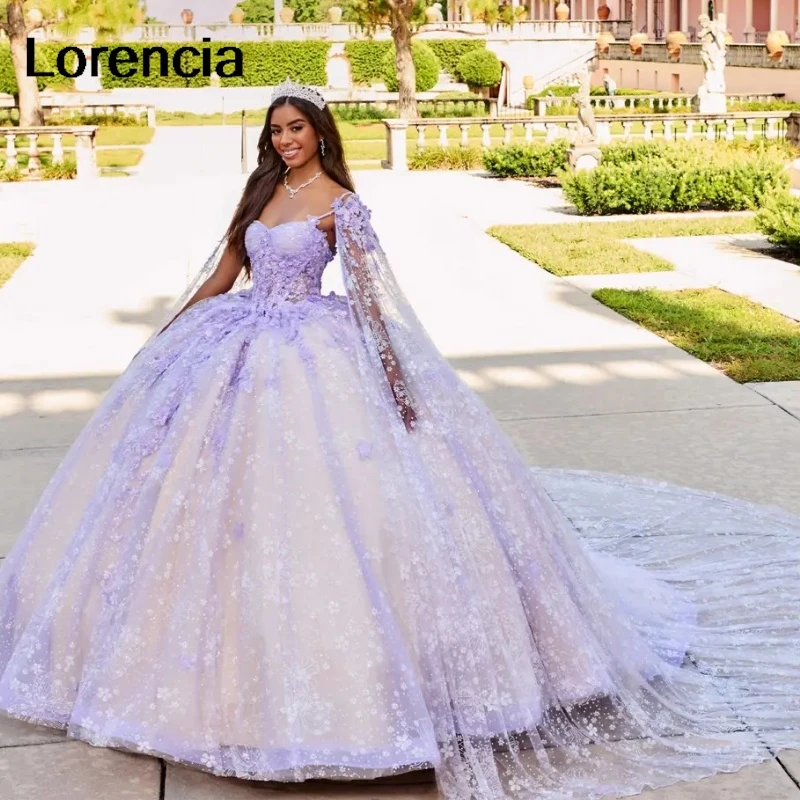 

Lorencia Princess Lavender Quinceanera Dress Ball Gown With Cape 3D Flowers Applique Beaded Sweet 16 Vestidos De 15 Años YQD683