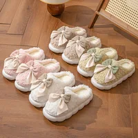 Cotton slippers for women bow slippers for autumn and winter warm for women thick soled non slip home plush slippers 3