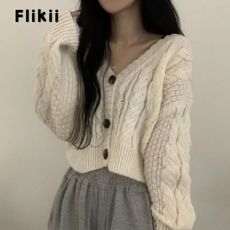 

2023 Winter Knitting Sexy Chic Long Sleeve Casual V-Neck Cardigan Women Korean Fashion Solid Color Single Breasted Sweet Sweater