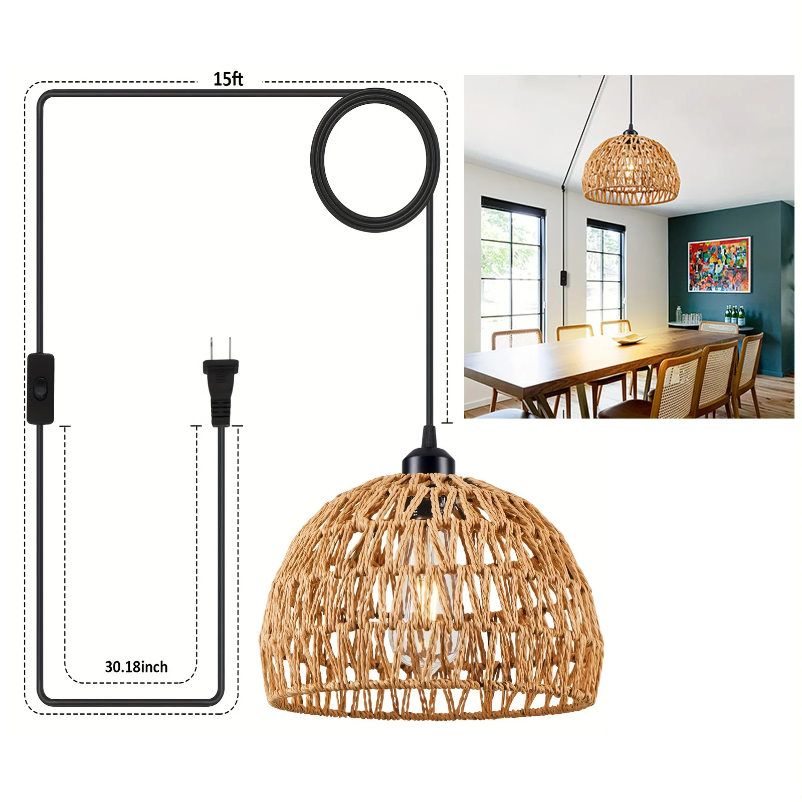 

Plug In Rattan Hanging Pendant Light - 15ft Hemp Rope Cord Wicker Basket Lamp Shade for Bedroom Living Room Kitchen Island Decor