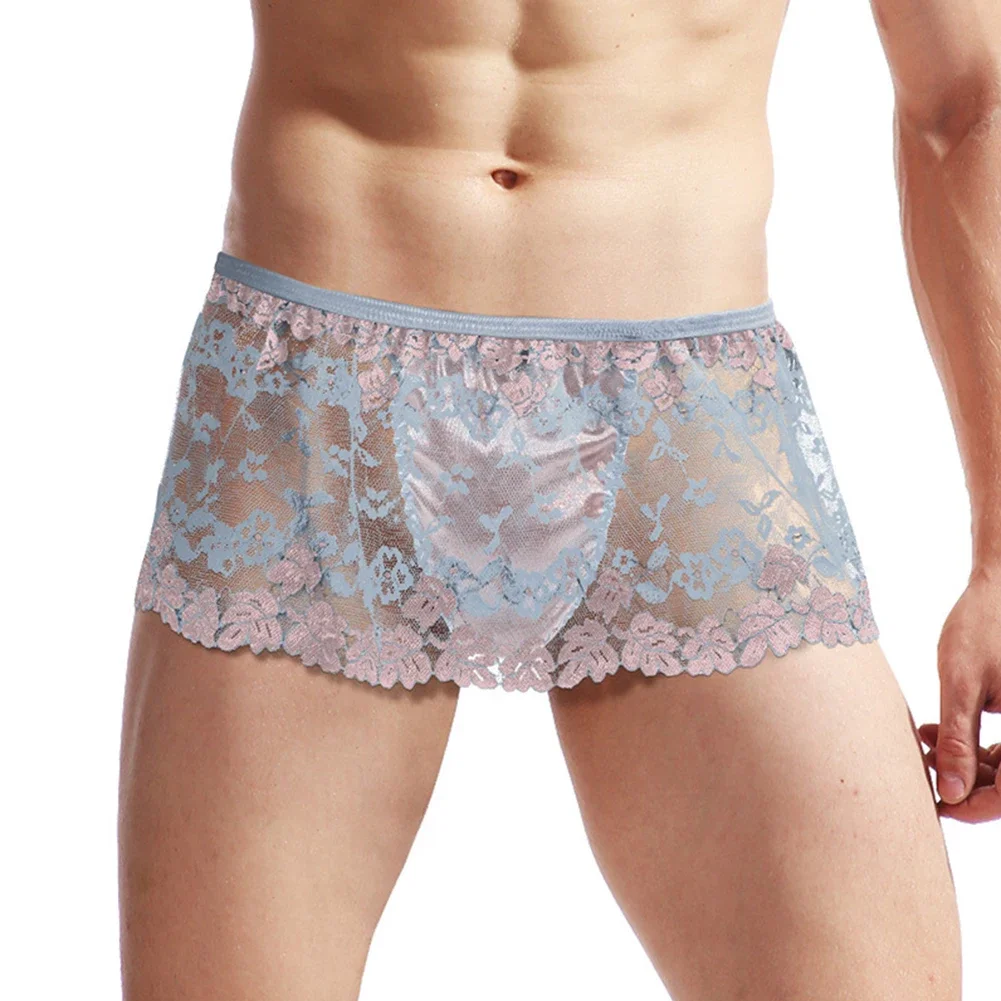 Sexy Men Sissy Lace Lingerie Skirt Clubwear Panties Sleepwear Transparent Underwear Perspective Nightwear Underpants Briefs