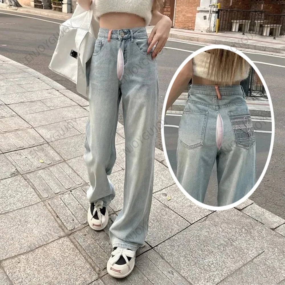 open crotch pants autumn and winter jeans men s black invisible zipper couple dating field office fight straight into freedom Invisible Open Crotch Outdoor Sex Straight Leg Mop Pants Retro Jeans Women's High Waisted Design Pockets Wide Leg Pants