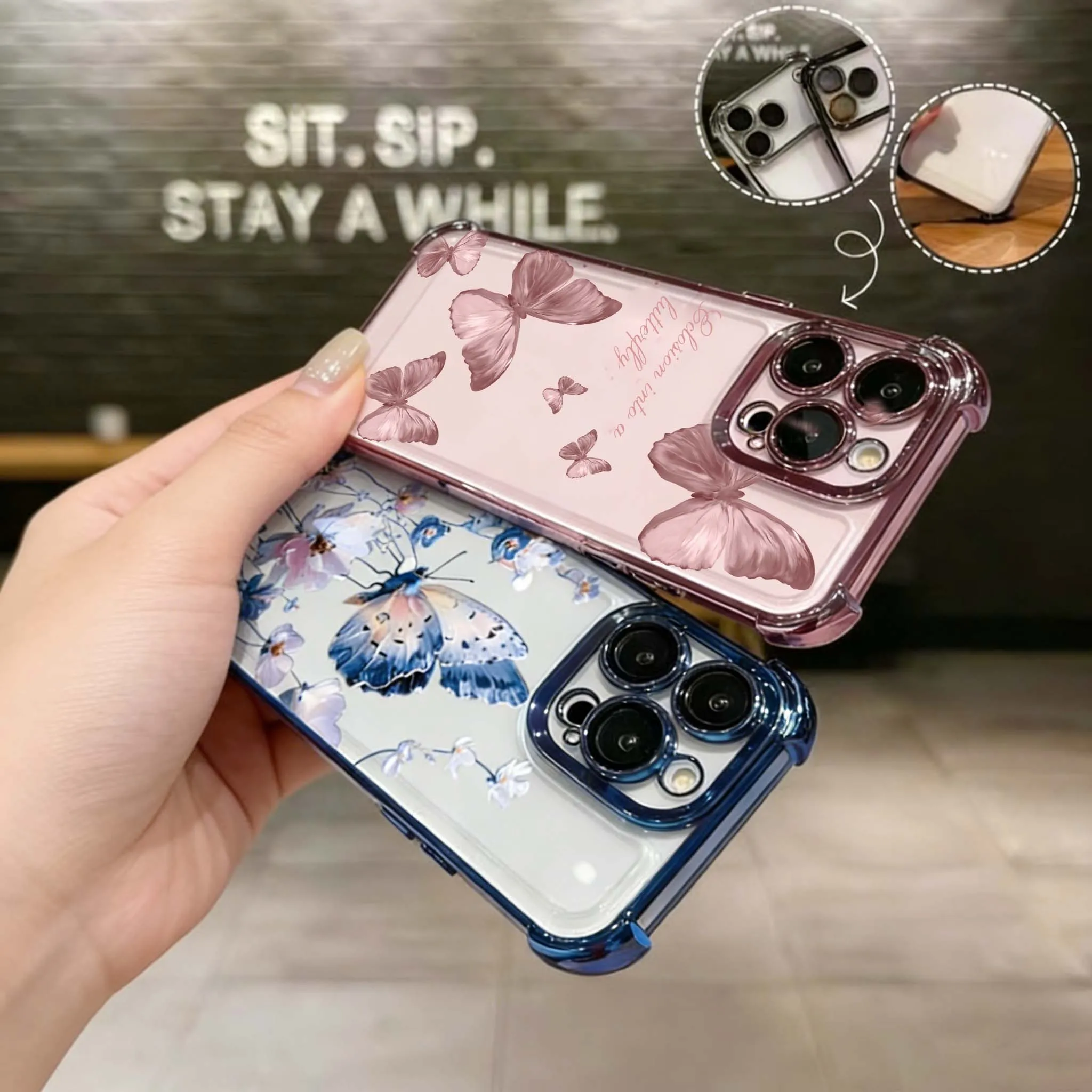Enhance your phone's style with the Elegant Shockproof Butterfly Case - Blue & Pink Design