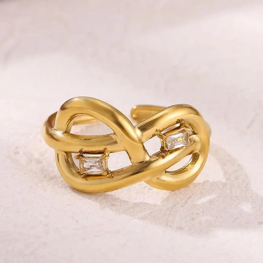 Zircon Infinity Rings 18K Gold Plated Stainless Steel Adjustable Ring for Women