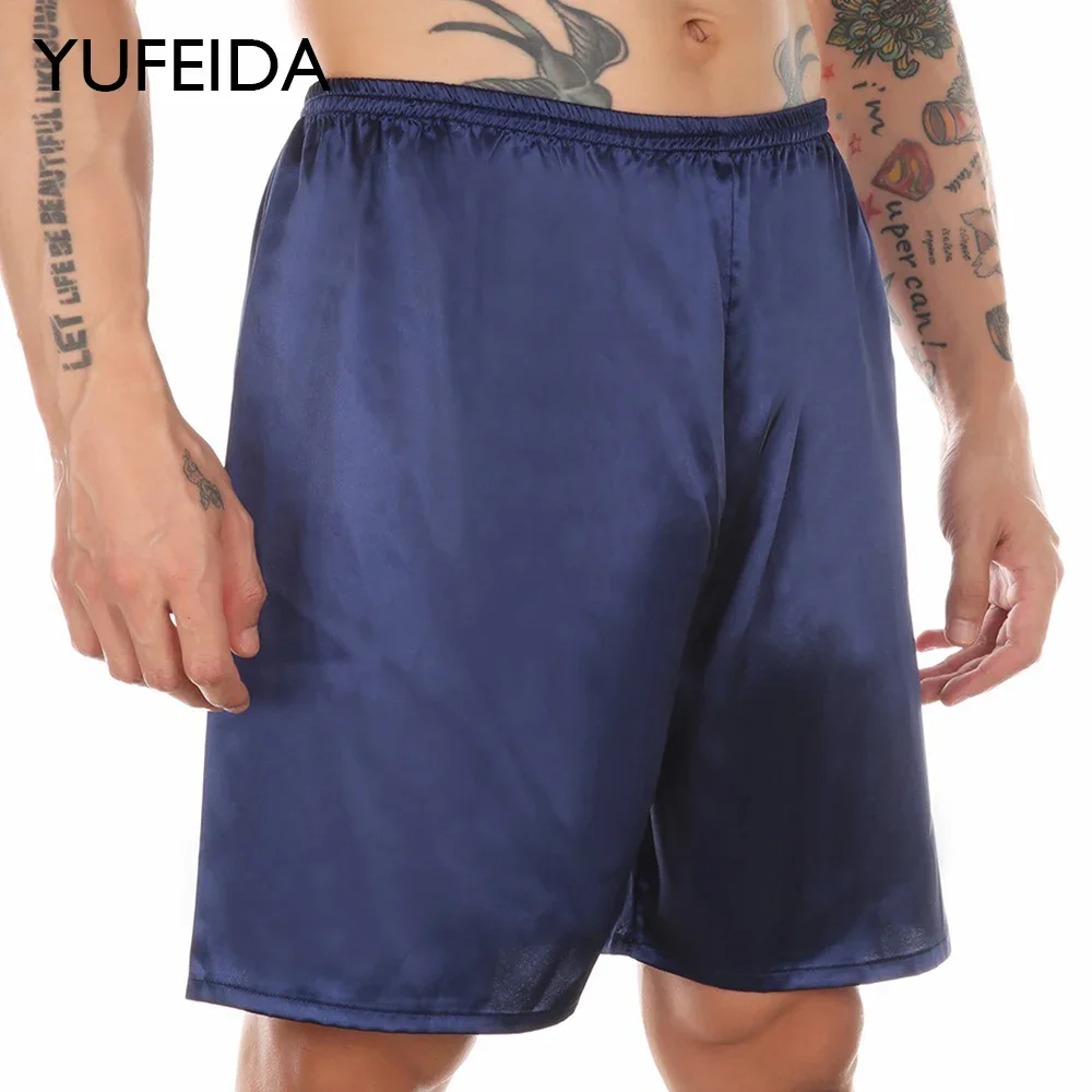 YUFEIDA Men Sexy Sleep Bottoms Silk Satin Pajamas Shorts Soft Silky Boxers Shorts Home Underwear Lounge Shorts Nightwear Panties