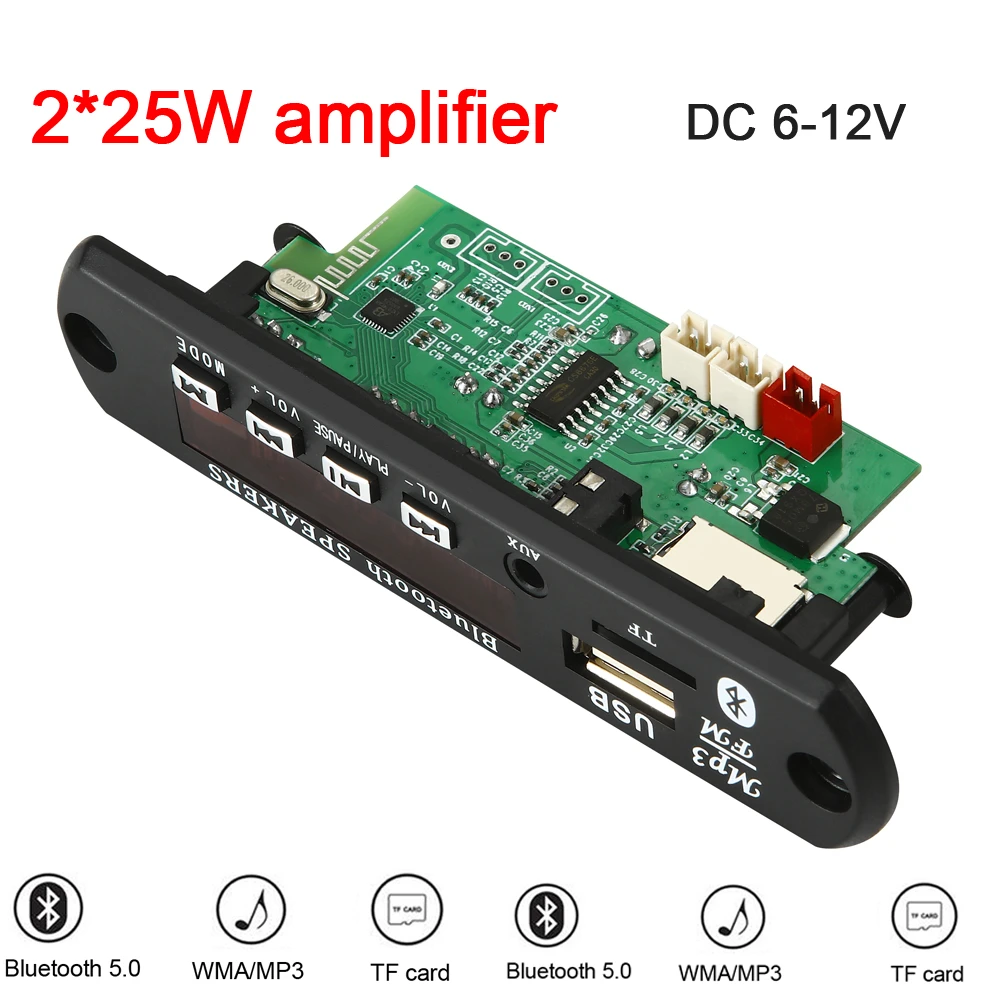 2*25W 50W Amplifier MP3 Player Decoder Board 5V-18V Bluetooth 5.0 Car FM Radio Module Support TF USB AUX 3.5 WMA Player Decoder
