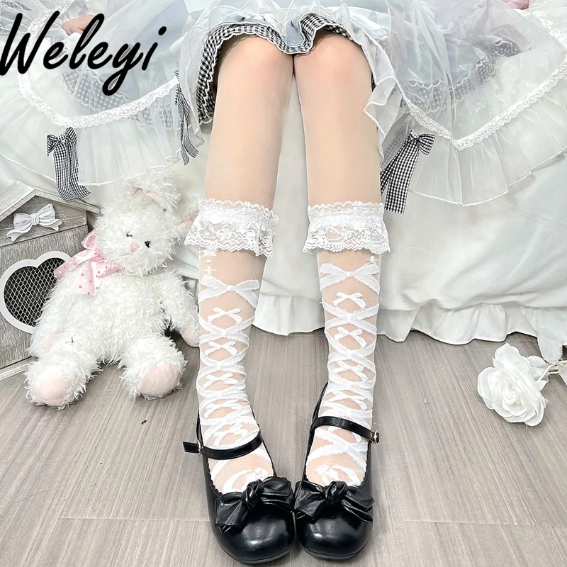 Japanese Lolita Bow Leg Lace Socks for Cute Girl 2024 Summer New Sweet Jk Woman Glass White Silk Thin Strap Stocking Female