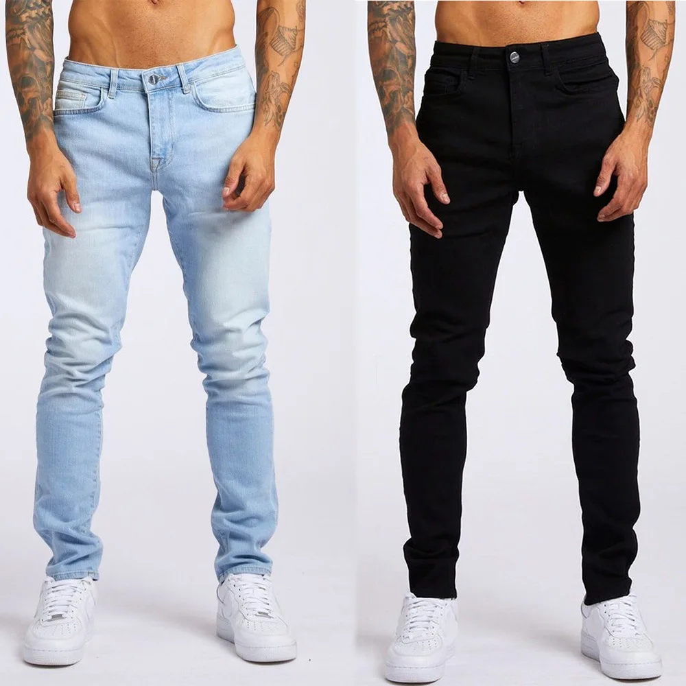 

Men Jeans High Waist Solid Color Pencil Pants Denim Pockets Slim Fit Slight Strech Sheath Casual 2024 Spring Ankle Length