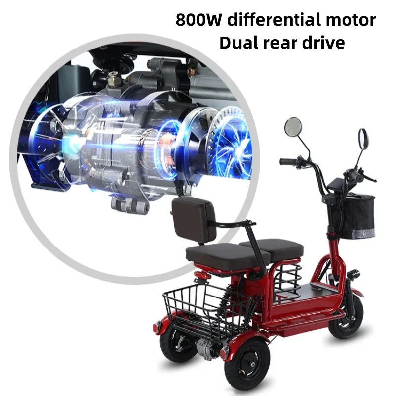 성인용 전기 삼륜차 2인승 강력 800W 48V 10인치 3륜 전동 스쿠터 (노인용, 탈착식 리튬 배터리 포함)