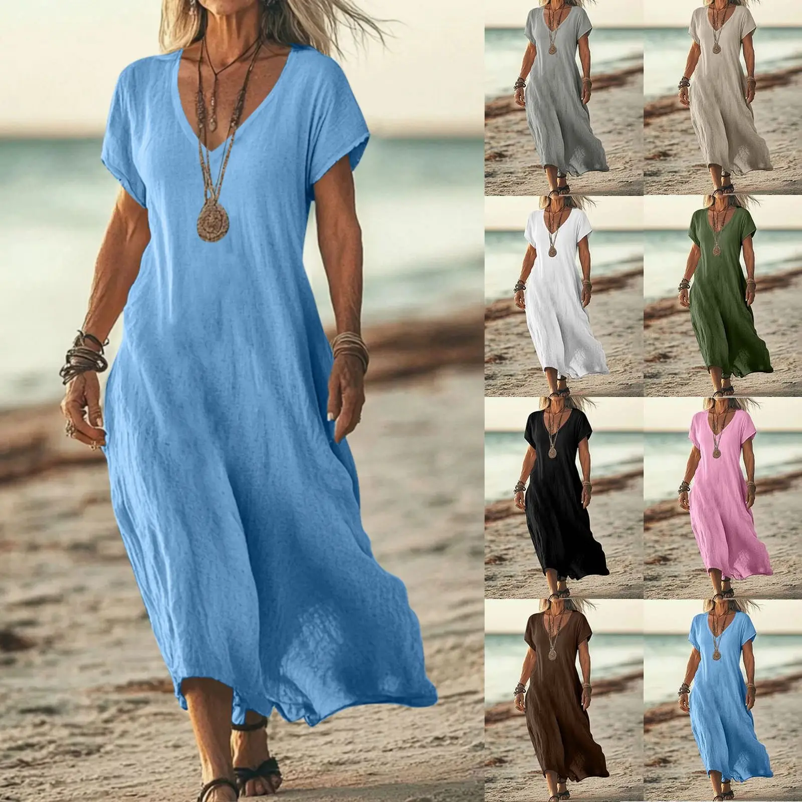 Linen V Neck Short Sleeve Summer Midi Dress for Women